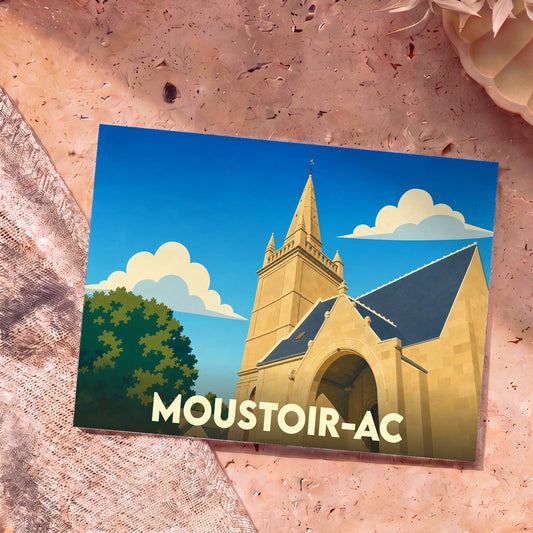 Carte postale souvenir de la ville de Moustoir-Ac illustrant son église dans un style graphique et épuré.