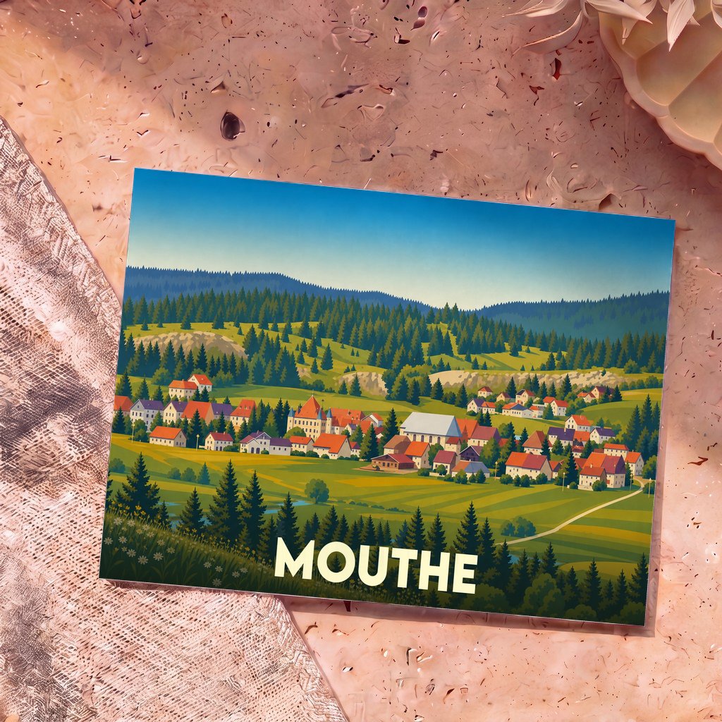 Carte postale souvenir de la ville de Mouthe illustrant le village et ses forêts de sapins dans un style graphique épuré.