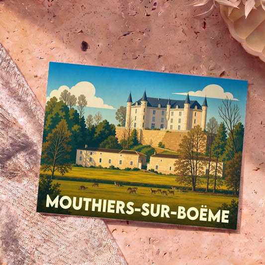 Carte postale souvenir de Mouthiers-sur-Boëme avec une illustration stylisée d'un château surplombant une vallée.