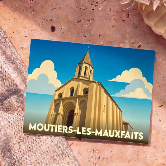 Carte postale souvenir de la ville de Moutiers-les-Mauxfaits avec une illustration stylisée de son église.