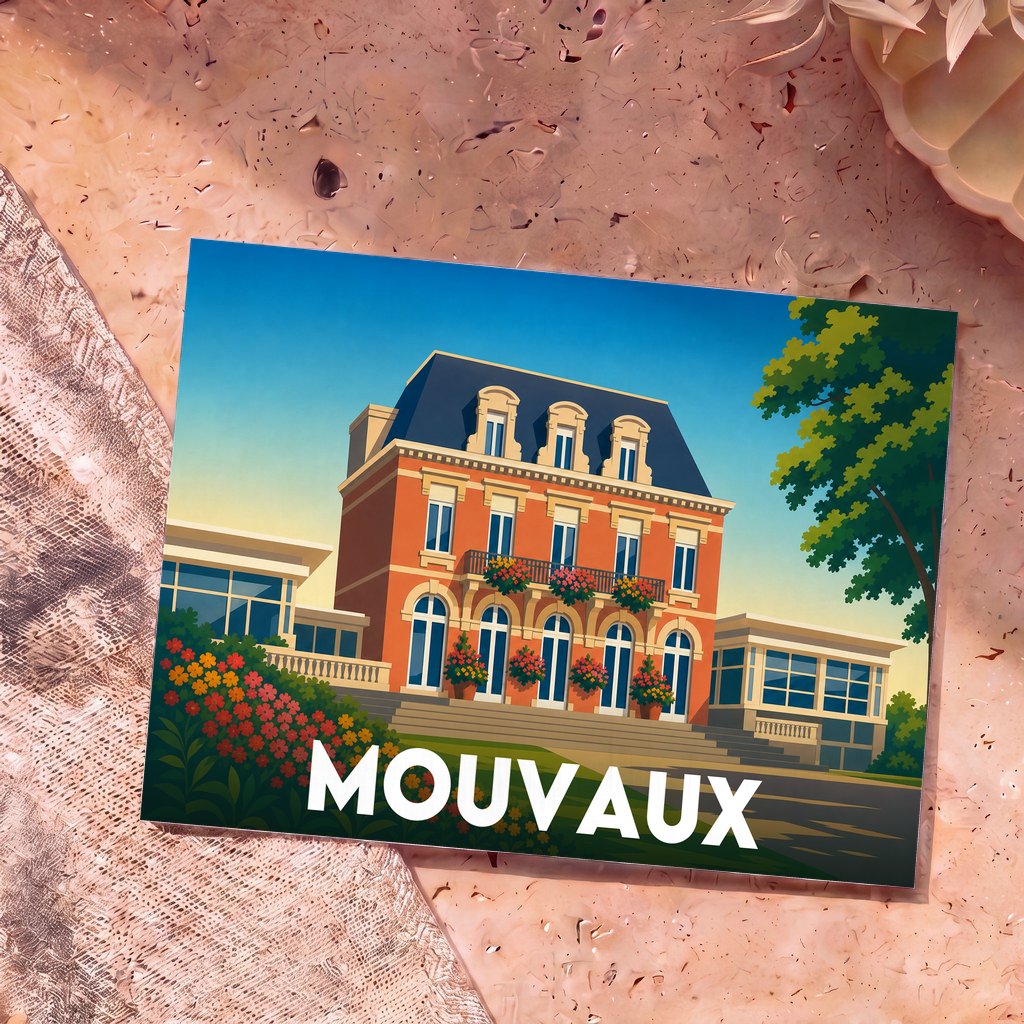 Carte postale souvenir de la ville de Mouvaux avec une illustration stylisée d'un manoir en briques.