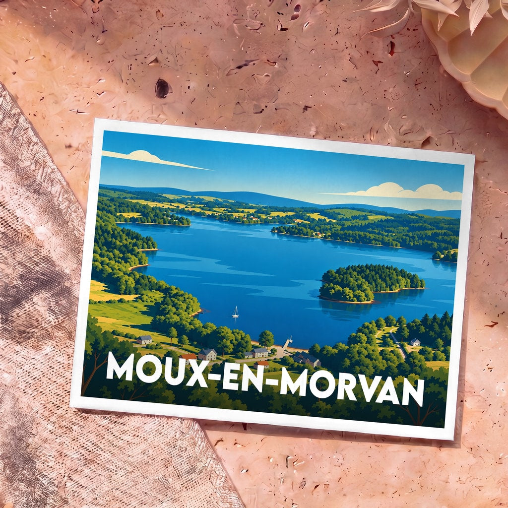 Carte postale souvenir de la ville de Moux-en-Morvan avec une illustration stylisée d'un lac entouré de collines boisées.