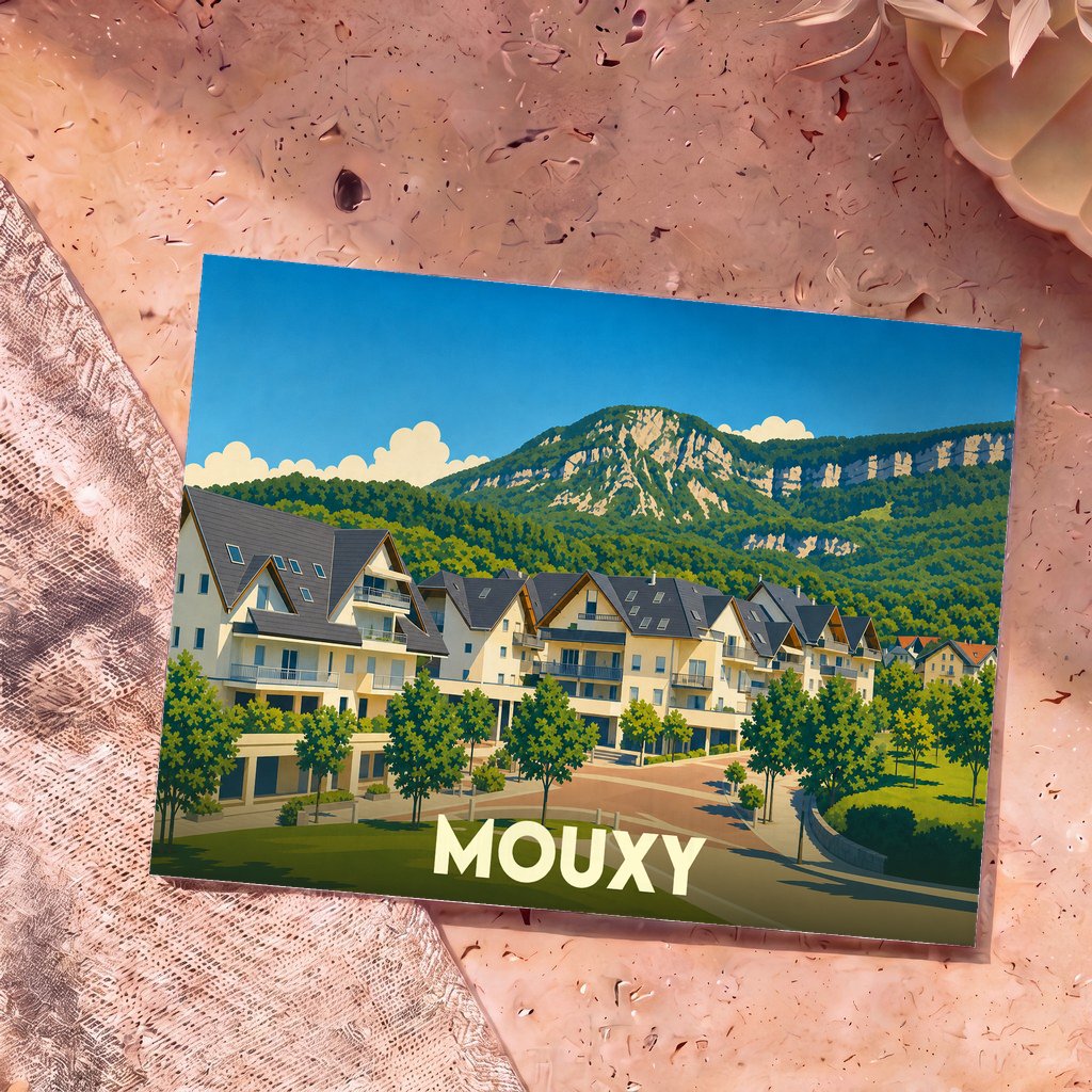Carte postale souvenir de la ville de Mouxy avec une illustration stylisée de ses résidences face à la montagne.