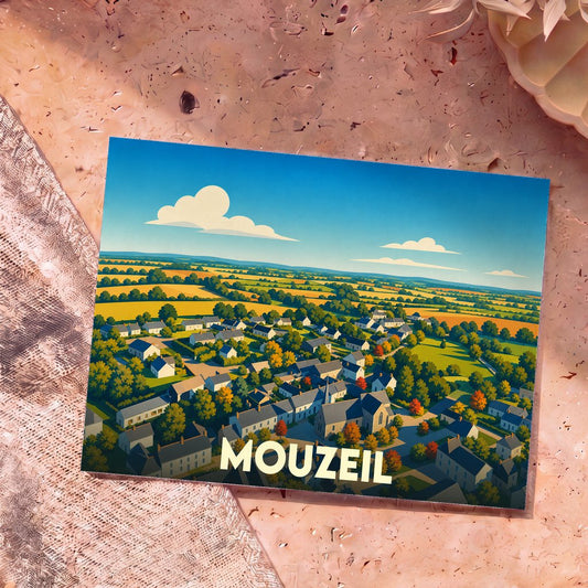 Carte postale souvenir de la ville de Mouzeil avec une illustration stylisée d'un paysage de campagne.
