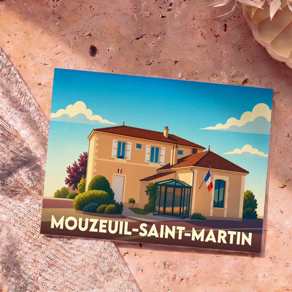 Carte postale souvenir de la ville de Mouzeuil-Saint-Martin avec une illustration stylisée de la mairie.