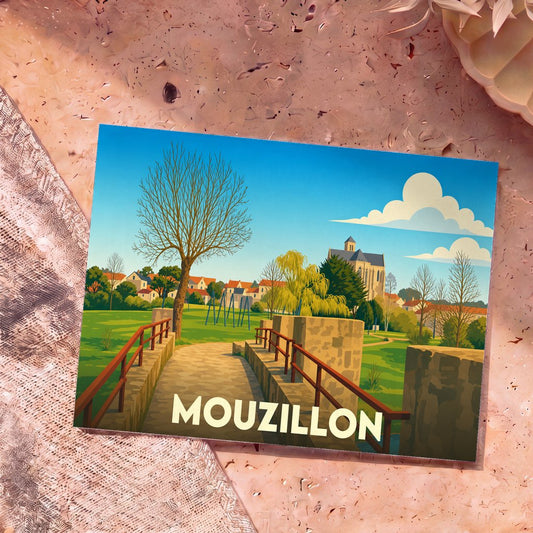 Carte postale souvenir de la ville de Mouzillon avec une illustration stylisée représentant son pont de pierre et son église.