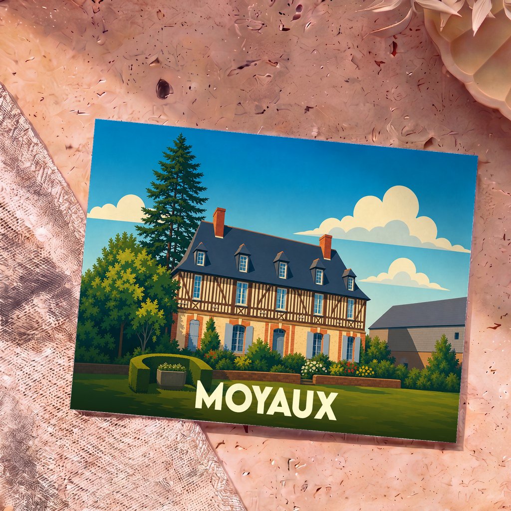 Carte postale souvenir de la ville de Moyaux avec une illustration stylisée d'un manoir normand.