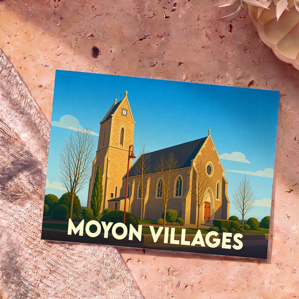 Carte postale souvenir de la commune de Moyon Villages illustrant son église dans un style graphique épuré.