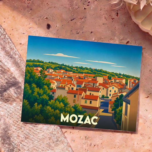 Carte postale souvenir de la ville de Mozac avec une illustration stylisée de ses toits ensoleillés.