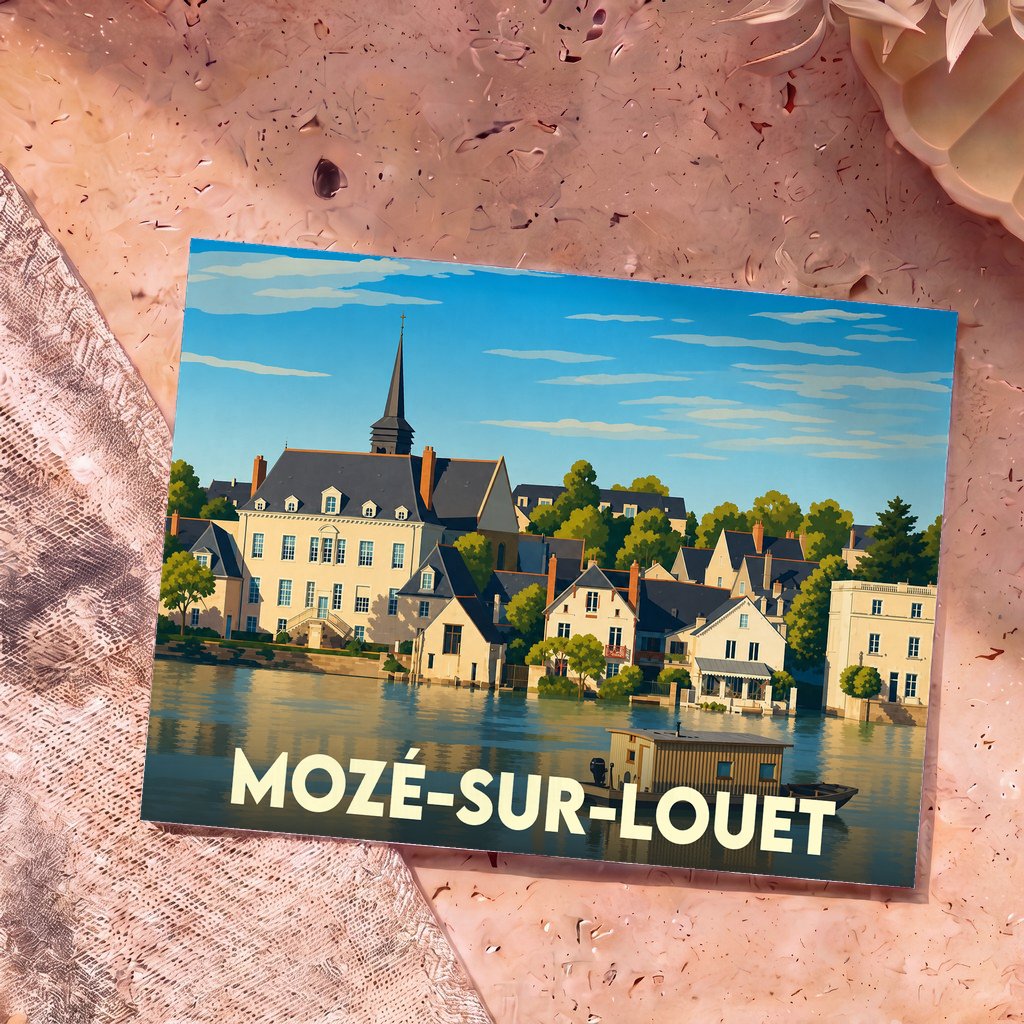 Carte postale souvenir de la ville de Mozé-sur-Louet avec une illustration stylisée d'un paysage de bord de l'eau.