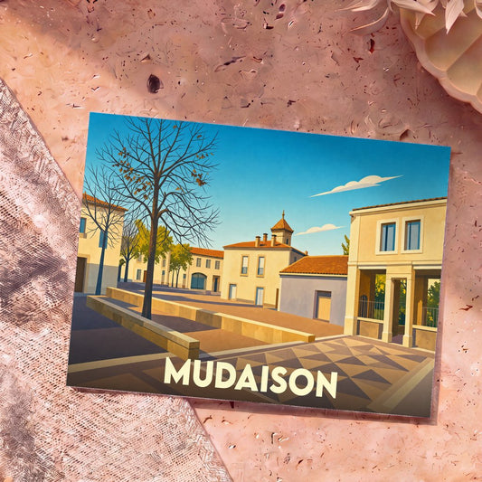 Carte postale souvenir de la ville de Mudaison avec une illustration stylisée de ses rues et de son architecture.