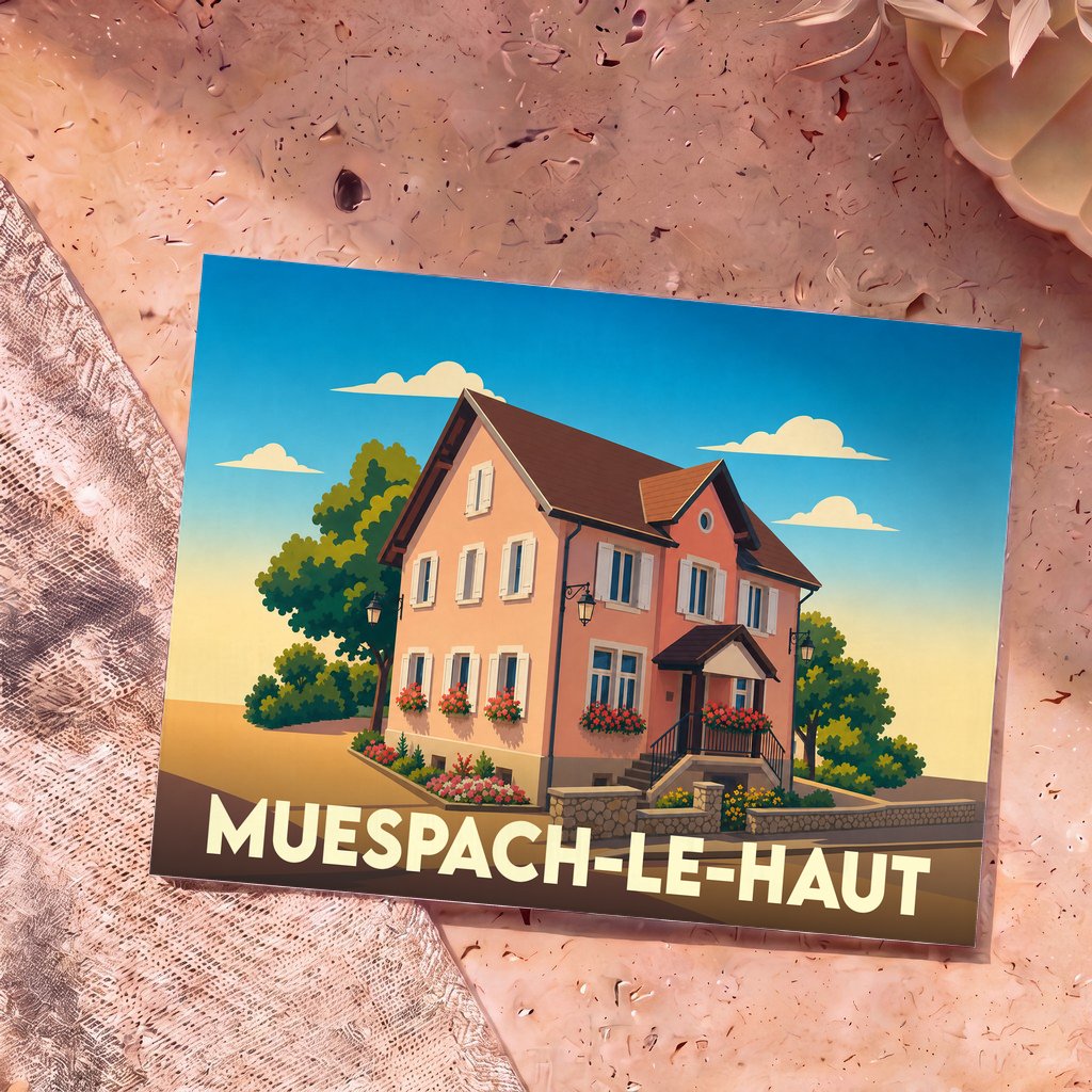Carte postale souvenir de la ville de Muespach-le-Haut avec une illustration stylisée d'une maison traditionnelle.