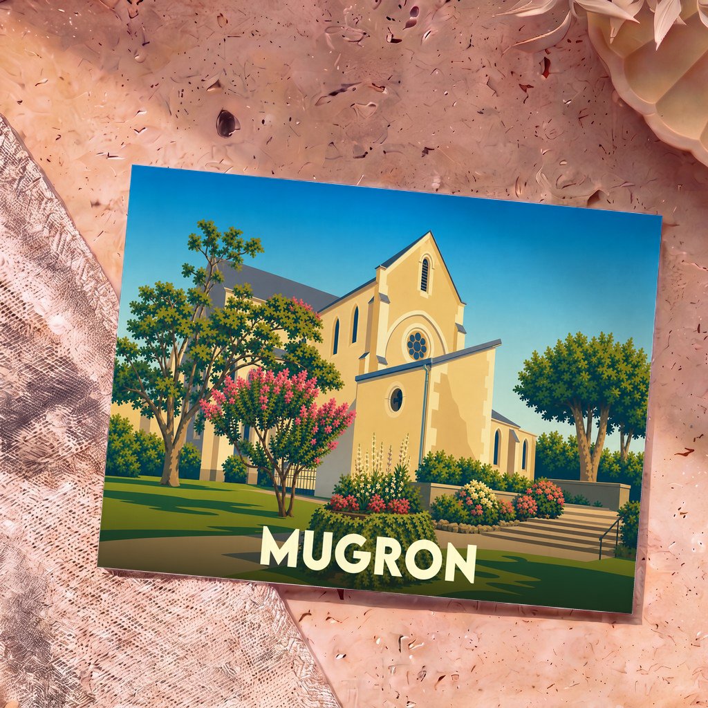 Carte postale souvenir de la ville de Mugron avec une illustration stylisée de son église et de ses jardins.