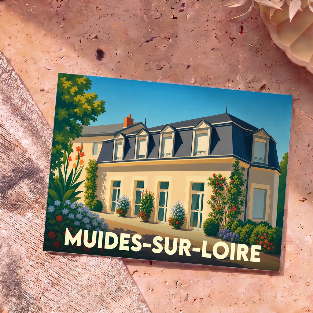 Carte postale souvenir de la ville de Muides-sur-Loire avec une illustration stylisée d'un bâtiment fleuri.