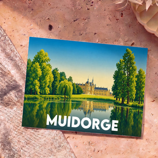 Carte postale souvenir de la ville de Muidorge avec une illustration stylisée d'un château au bord de l'eau.