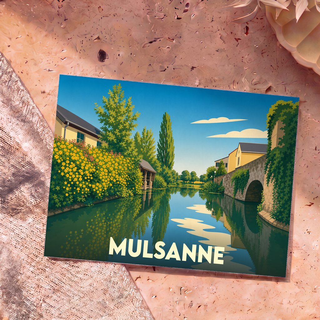 Carte postale souvenir de la ville de Mulsanne avec une illustration stylisée d'un canal paisible bordé de fleurs et de maisons.