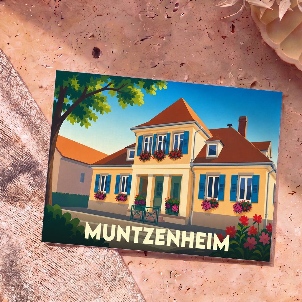 Carte postale souvenir de la ville de Muntzenheim avec une illustration stylisée d'une maison traditionnelle alsacienne fleurie.