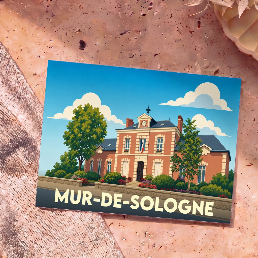 Carte postale souvenir de la ville de Mur-de-Sologne avec une illustration stylisée de sa mairie.