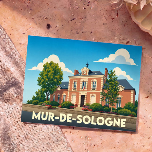 Carte postale souvenir de la ville de Mur-de-Sologne avec une illustration stylisée de sa mairie.
