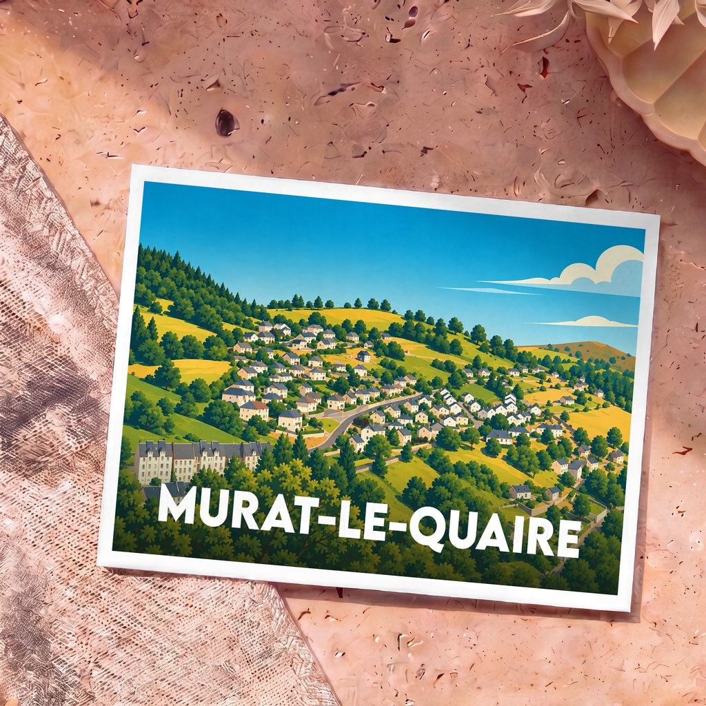 Carte postale souvenir de la ville de Murat-le-Quaire avec une illustration stylisée d'un village niché dans des collines verdoyantes.