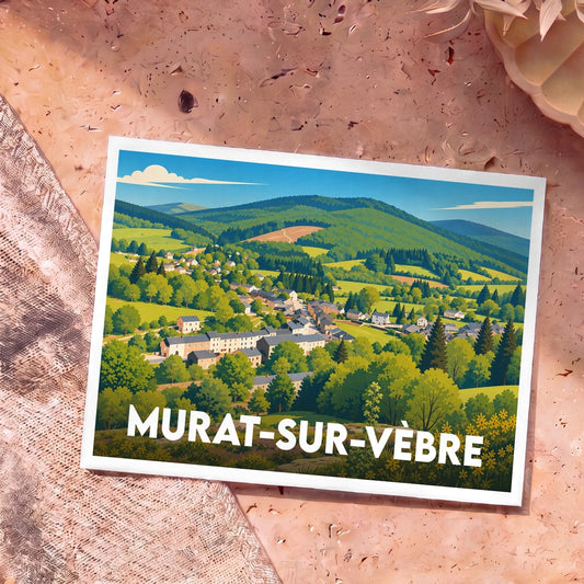 Carte postale souvenir de la ville de Murat-sur-Vèbre avec une illustration stylisée de son paysage vallonné.