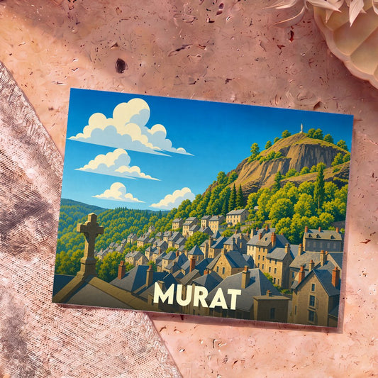 Carte postale souvenir de la ville de Murat avec une illustration stylisée de ses toits en ardoise et de son rocher.