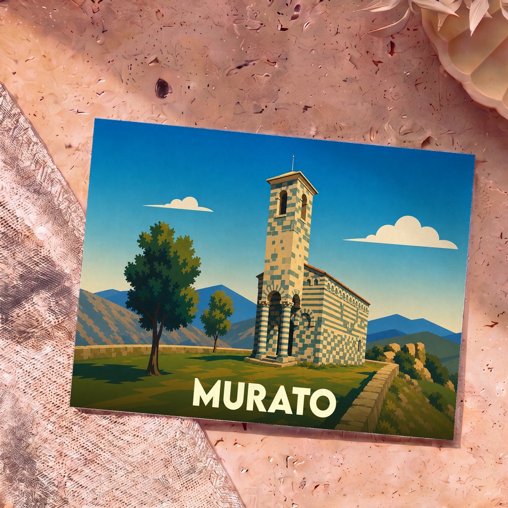 Carte postale souvenir de la ville de Murato illustrant son église romane aux pierres bicolores dans un style épuré.