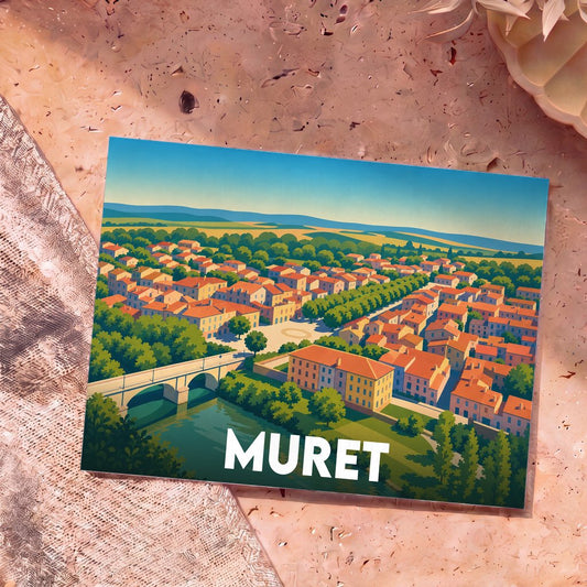 Carte postale souvenir de la ville de Muret avec une illustration stylisée et colorée.