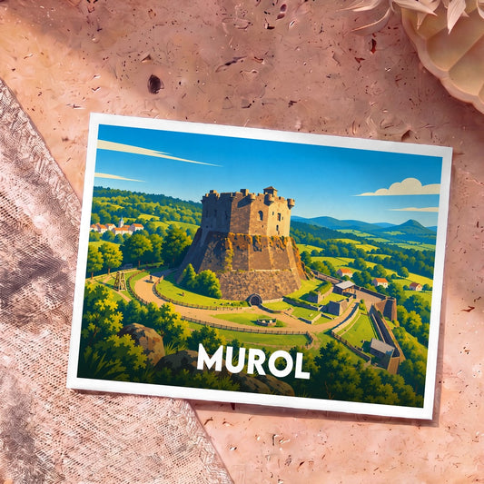 Carte postale souvenir de la ville de Murol illustrant son château médiéval dans un style coloré et épuré.