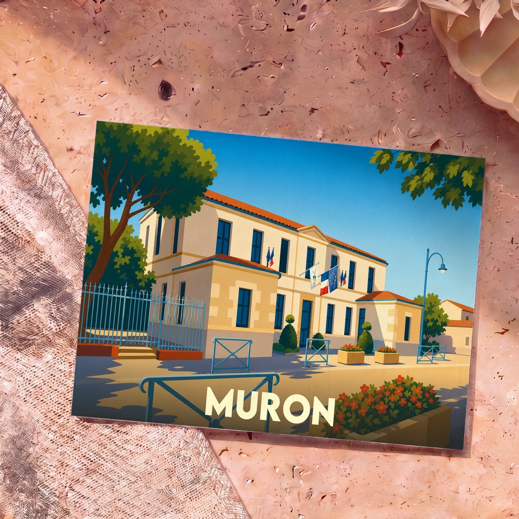 Carte postale souvenir de la ville de Muron illustrant la mairie avec un style graphique épuré.