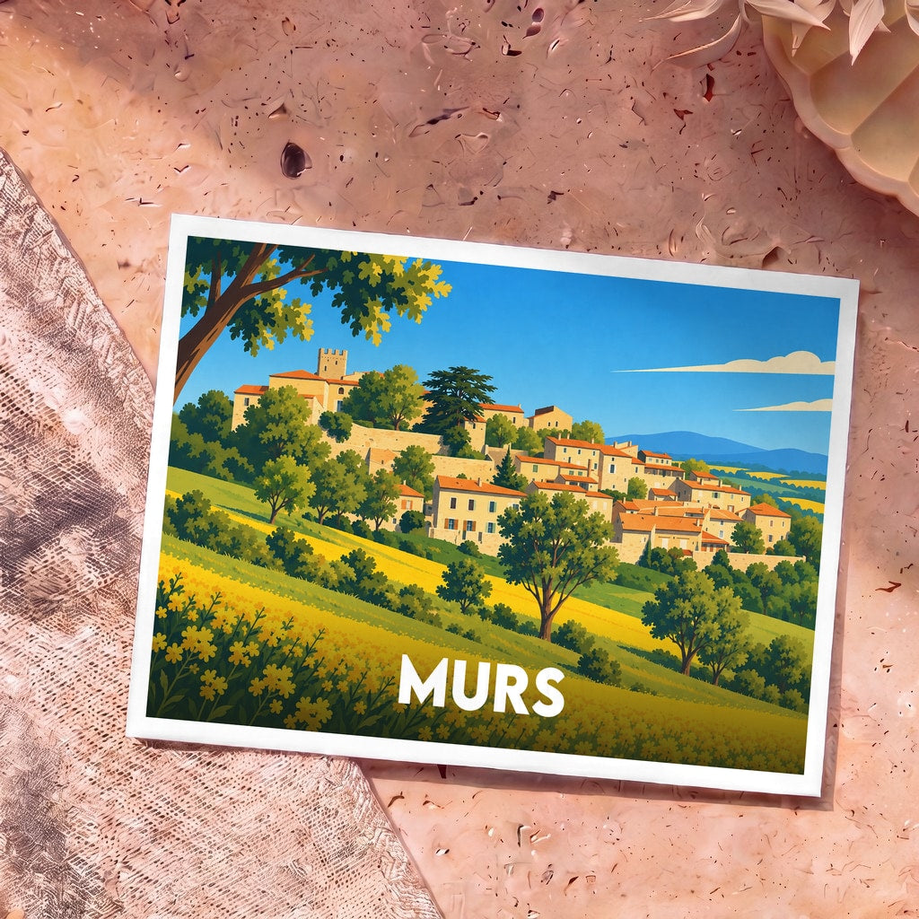 Carte postale souvenir de la ville de Murs avec une illustration stylisée de ses collines et maisons provençales.
