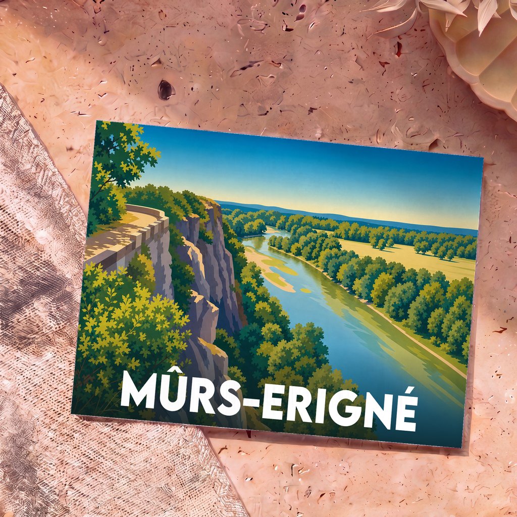 Carte postale souvenir de la ville de Mûrs-Erigné avec une illustration stylisée surplombant la Loire.