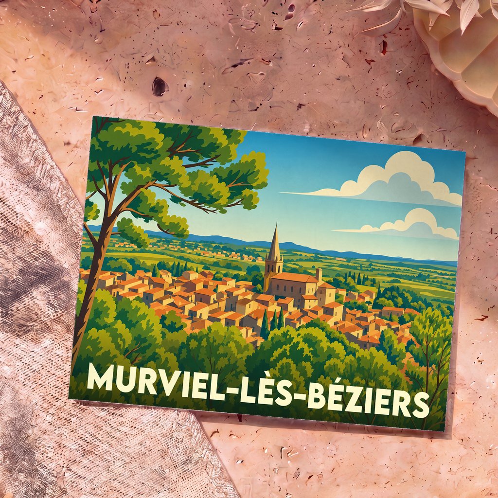 Carte postale souvenir de la ville de Murviel-lès-Béziers avec une illustration stylisée de son village et de son église.