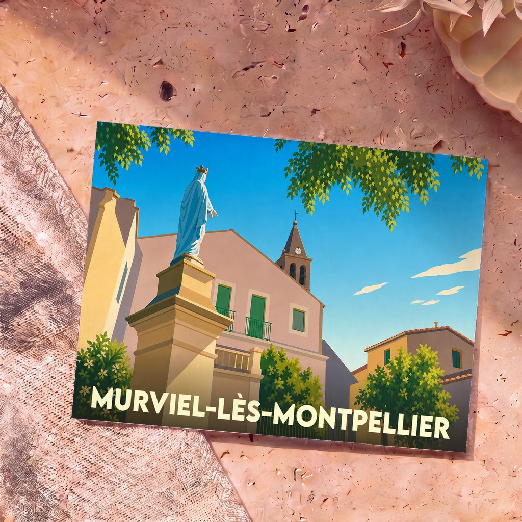 Carte postale souvenir de Murviel-lès-Montpellier illustrant une statue de la Vierge et l'église du village sous un ciel azur.