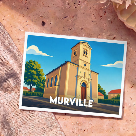 Carte postale souvenir de la ville de Murville illustrant son église dans un style graphique épuré.