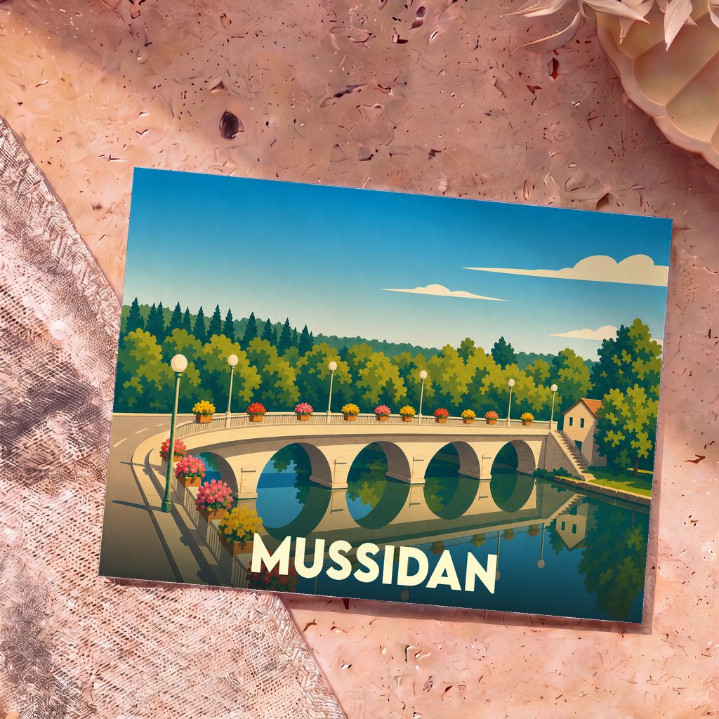 Carte postale souvenir de la ville de Mussidan avec une illustration stylisée d'un pont à arches fleuri.