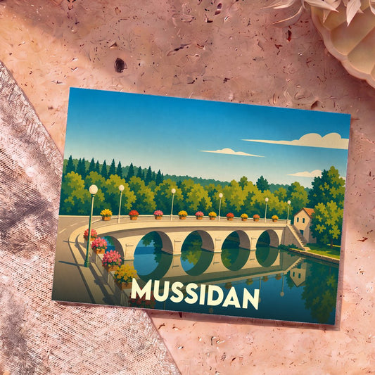 Carte postale souvenir de la ville de Mussidan avec une illustration stylisée d'un pont à arches fleuri.