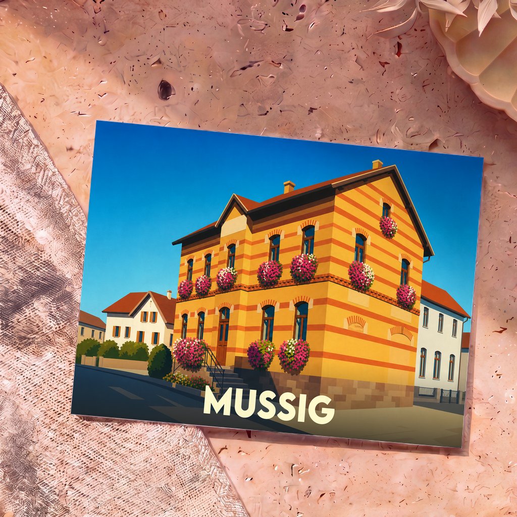 Carte postale souvenir de la ville de Mussig illustrant une grande maison alsacienne fleurie dans un style graphique épuré.