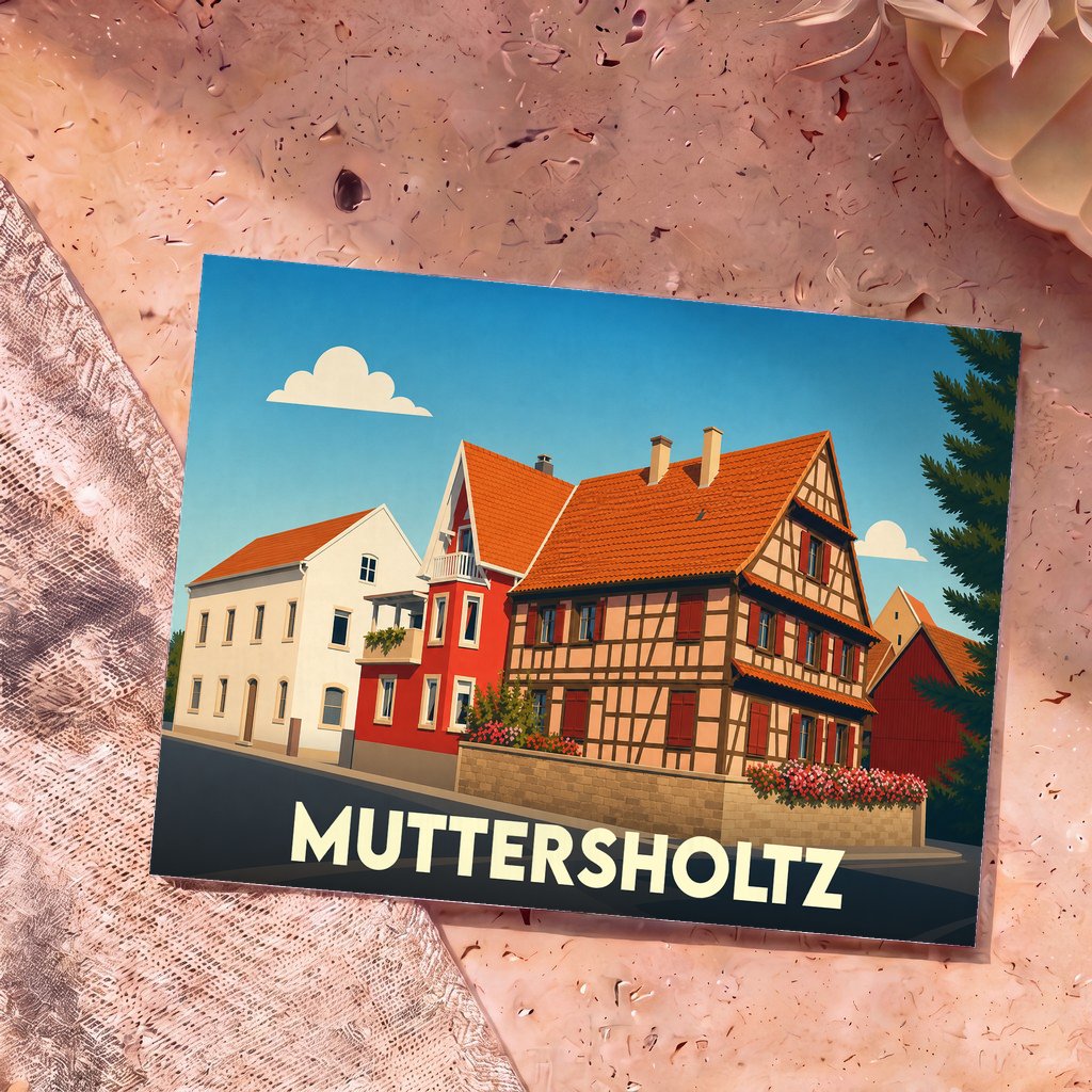 Carte postale souvenir de la ville de Muttersholtz avec une illustration stylisée de maisons à colombages.