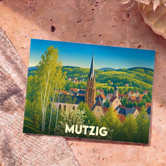Carte postale souvenir de la ville de Mutzig illustrant son église et ses collines verdoyantes dans un style graphique épuré.
