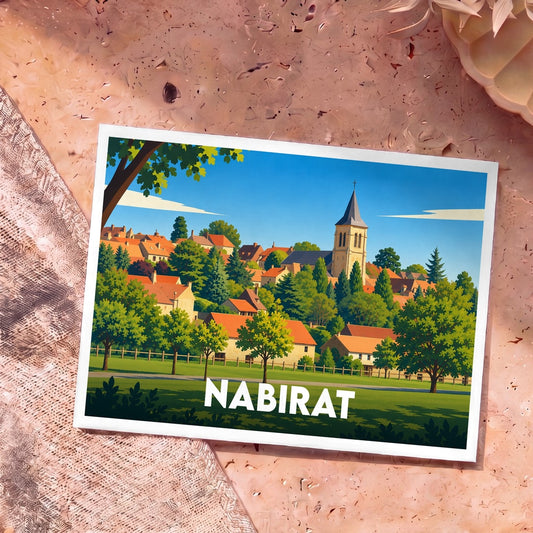 Carte postale souvenir de la ville de Nabirat avec une illustration stylisée d'un village pittoresque.