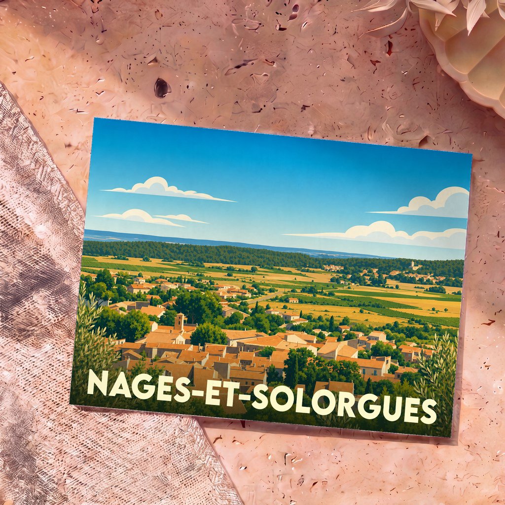Carte postale souvenir de la ville de Nages-et-Solorgues avec une illustration stylisée de son paysage provençal.