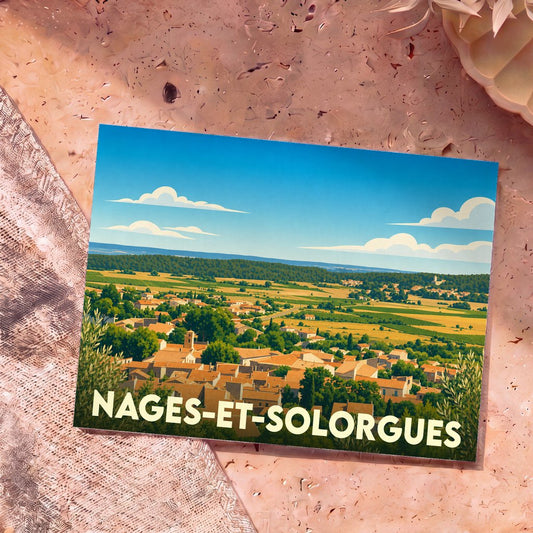 Carte postale souvenir de la ville de Nages-et-Solorgues avec une illustration stylisée de son paysage provençal.