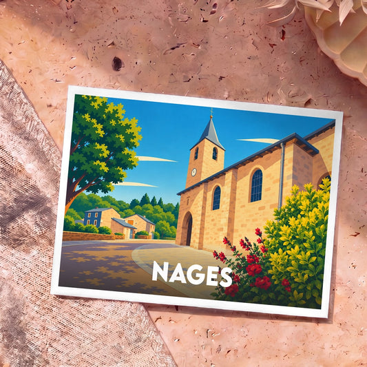 Carte postale souvenir de la ville de Nages avec une illustration stylisée d'une église ensoleillée.