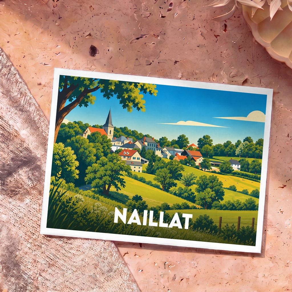 Carte postale souvenir de la ville de Naillat avec une illustration stylisée d'un village vallonné.