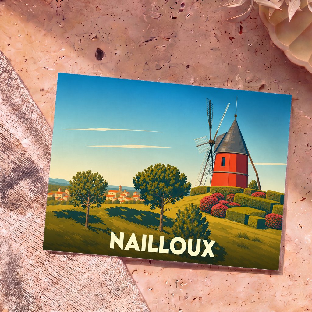 Carte postale souvenir de la ville de Nailloux illustrant son célèbre moulin rouge sur une colline verdoyante.