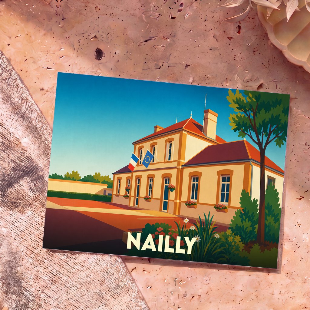 Carte postale souvenir de la ville de Nailly avec une illustration stylisée de sa mairie.