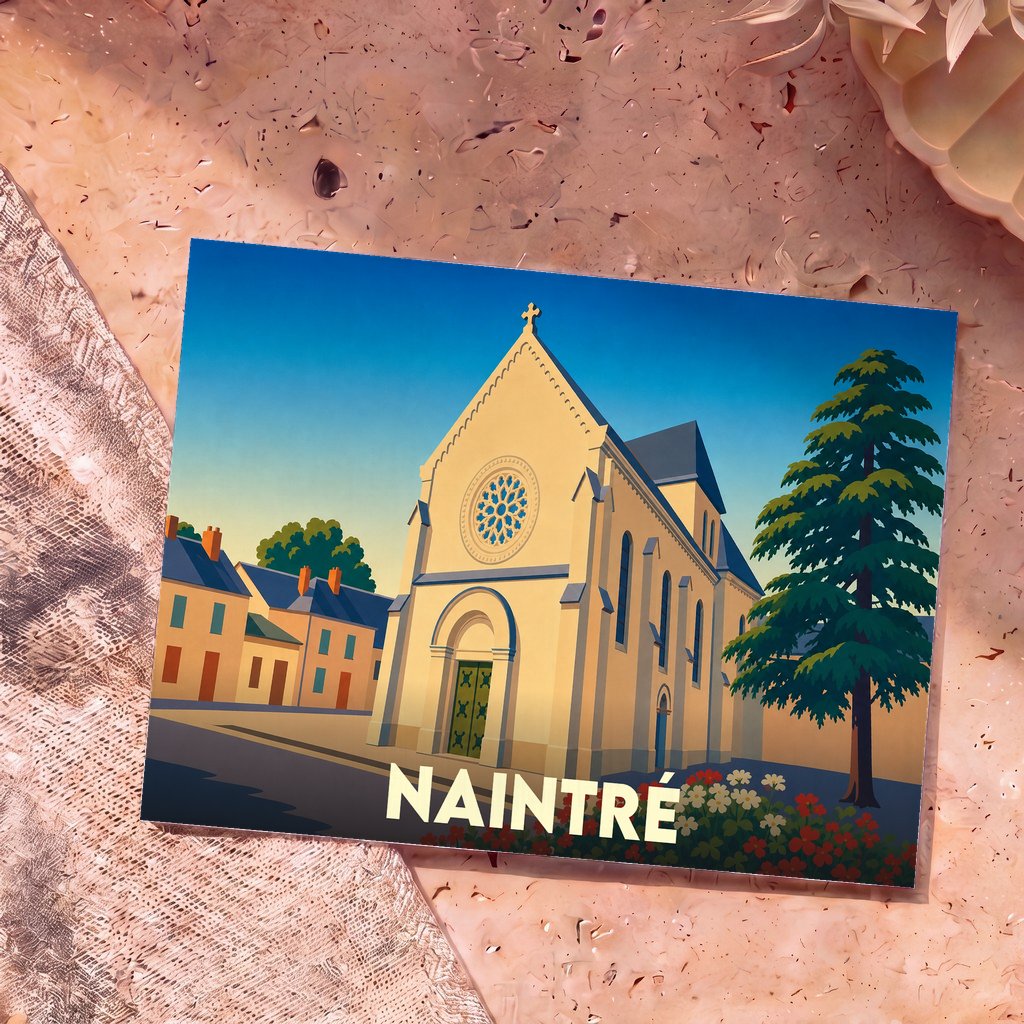Carte postale souvenir de la ville de Naintré illustrant son église dans un style graphique épuré.