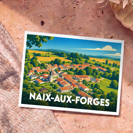 Carte postale souvenir de la ville de Naix-aux-Forges avec une illustration stylisée.