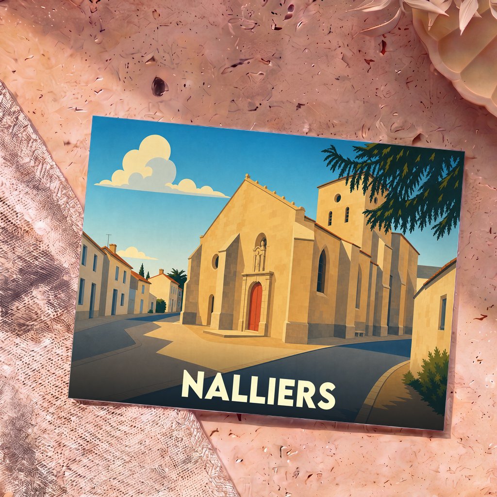 Carte postale souvenir de la ville de Nalliers avec une illustration stylisée de son église.